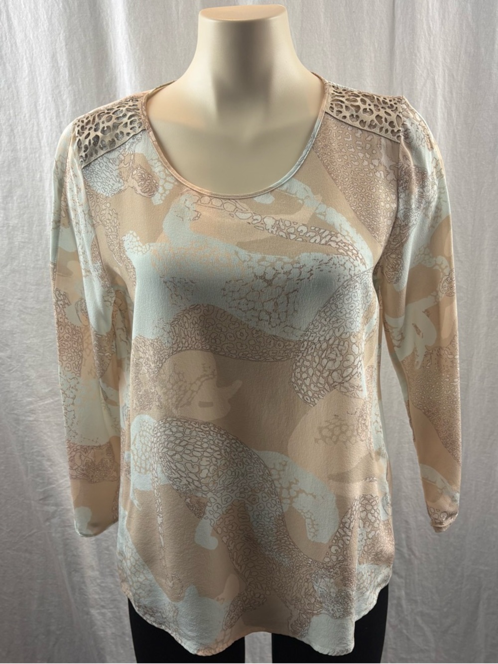 Marc Cain Beige & Cream Animal Abstract Print Scoop-Neck 3/4 Sleeve Top N3